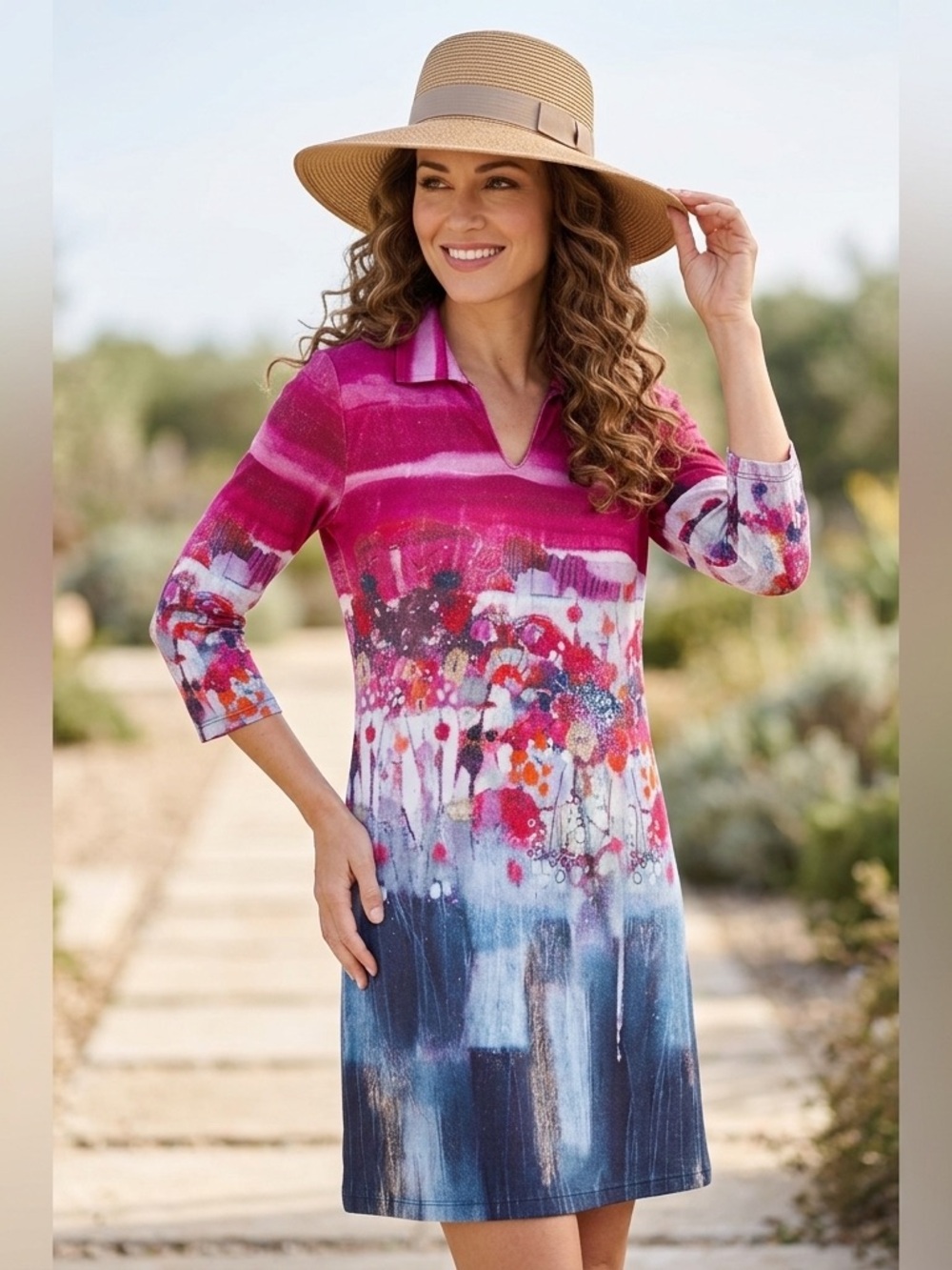 Simply Art Dolcezza Womens Size M Multicolor 3/4 Sleeve Viscose Dress Geometric